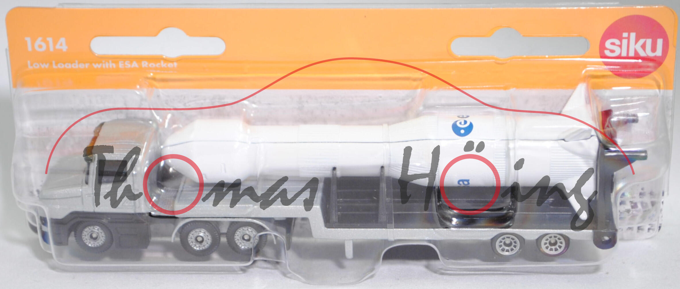00006 Scania T114GA 6x4 NZ 340 (Modell 1995-1998) mit 2-Achs-Tiefbett Sattelauflieger und Rakete, silbergraumetallic, 2x esa-Logo und esa, SIKU SUPER, P29f