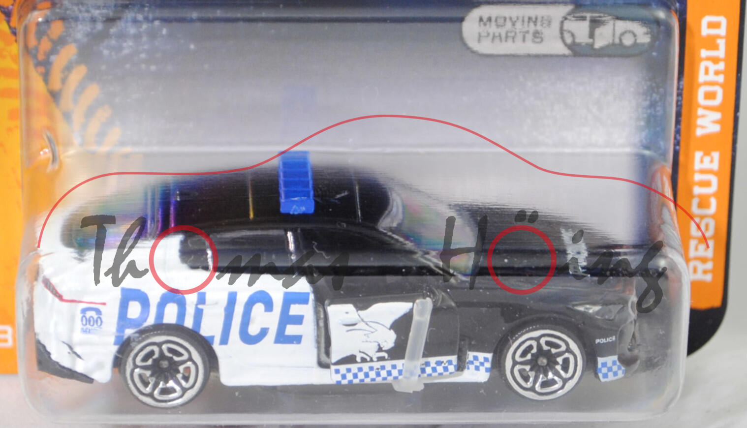 Kia Stinger 3.3 T-GDI AWD GT (Baureihe CK, Modell 2018-2020) (Nr. 223A), schwarz/reinweiß, POLICE / 000 / EMERGENCY, majorette, 1:61, Blister