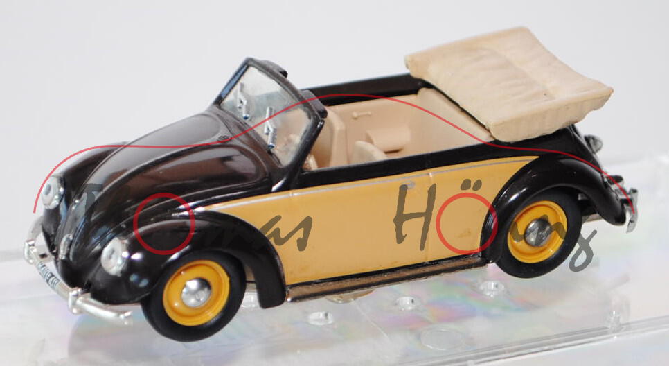 VW Käfer Cabriolet offen (Typ 15), Modell 1949, schokoladenbraun/hell-helleiche, VITESSE, 1:43, PC-B