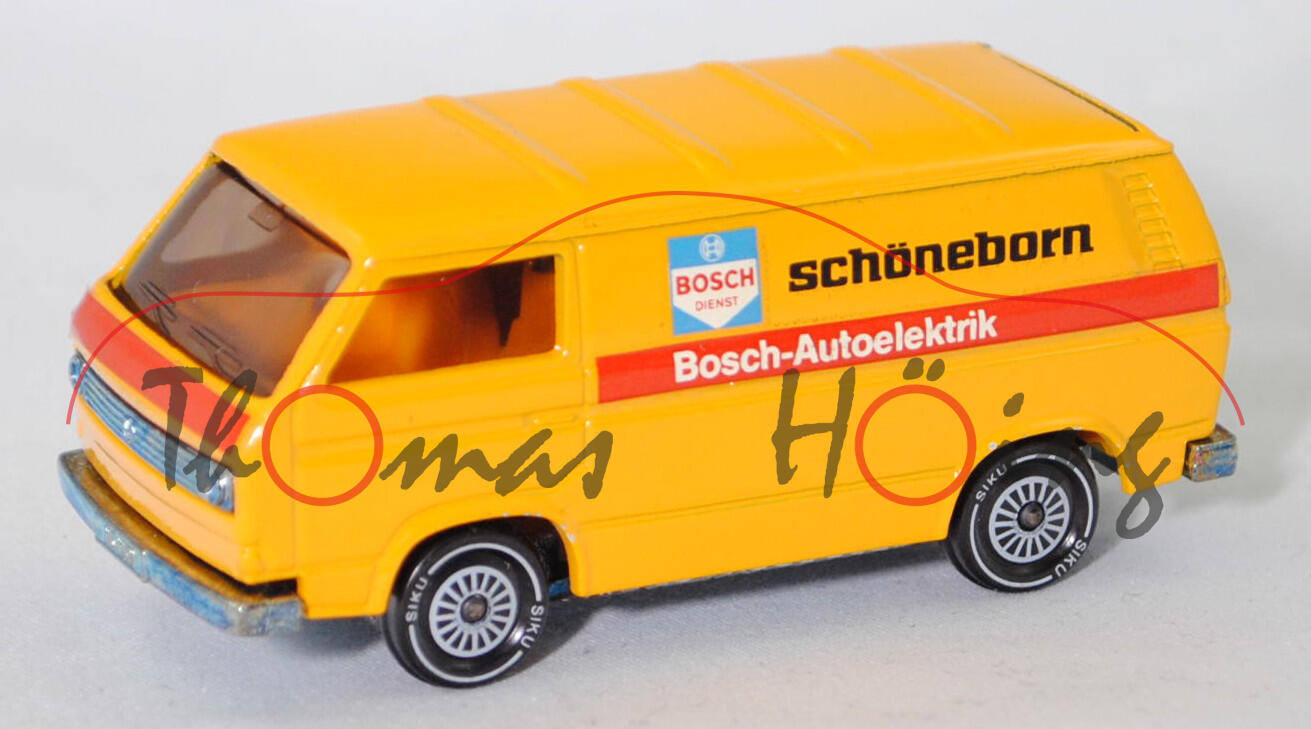 VW Transporter Kastenwagen (Typ 2 Transporter 3 (T3, Modell '80), Modell 1979-1982), hell-signalgelb, BOSCH / DIENST / Bosch-Autoelektrik / schöneborn, SIKU, 1:60, m