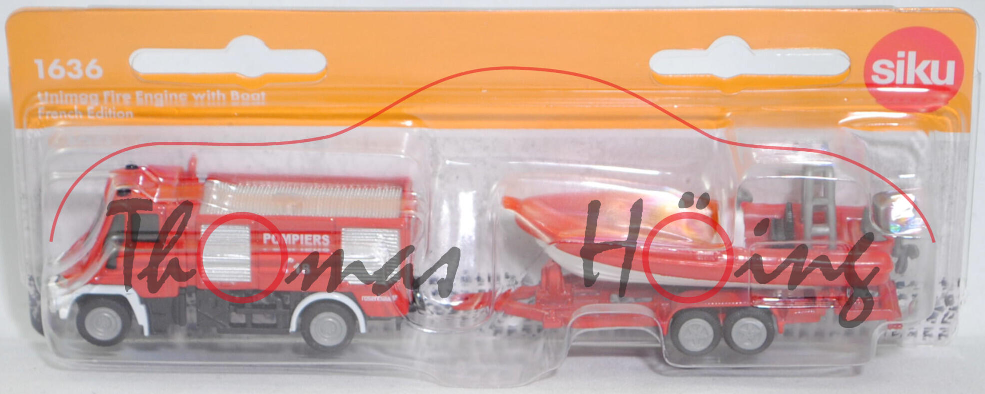 00103 F Mercedes-Benz Unimog U 500 (Mod. 01-06) TLF mit Anhänger und Mehrzweckboot MZB 72/AB, rot/weiß, POMPIERS / C 18 / rosenbauer, SIKU, P29f (Limited Edition / FRANCE SPECIAL)