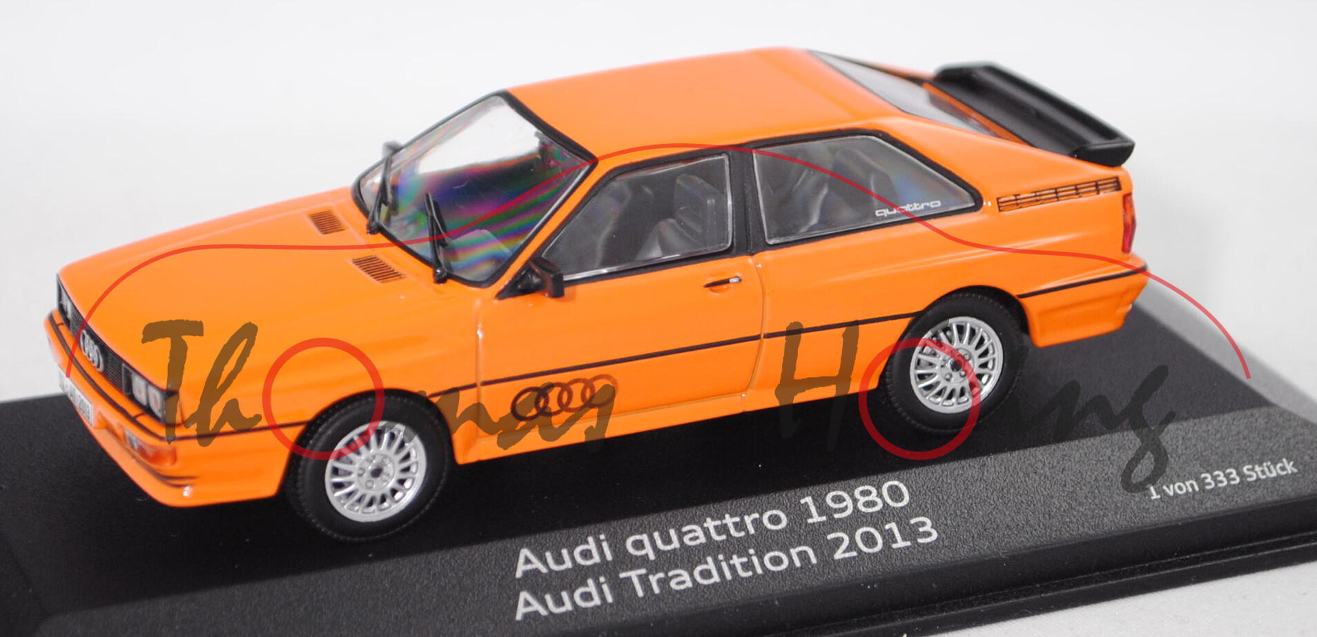 Audi Quattro (B2, Typ 85Q, Modell 1980-1982, Baujahr 1980), tieforange, Minichamps, 1:43, Werbebox