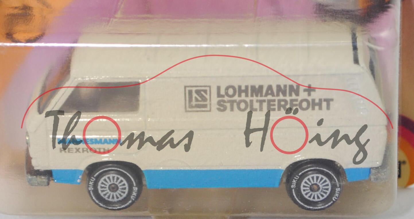VW Transporter Kastenwagen (T3, Modell '80, Modell 1979-1982), grauweiß, LOHMANN + / STOLTERFOHT / MANNESMANN / REXROTH, R11, SIKU, 1:60, P23 vergilbt (Limited Edition)