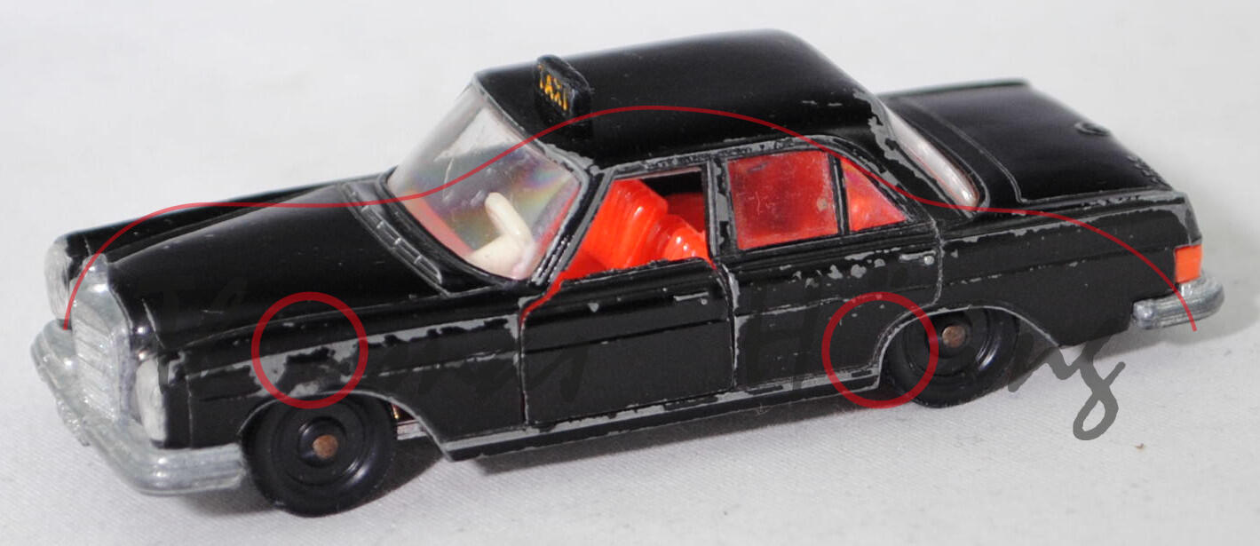 00007 Mercedes-Benz 250 S (Baureihe W 108 II, Vor-Mopf, Modell 1965-1968) Taxi, schwarz, Rückleuchten rotorange, R2, SIKU, 1:60, vsc (Verglasung gesprungen)