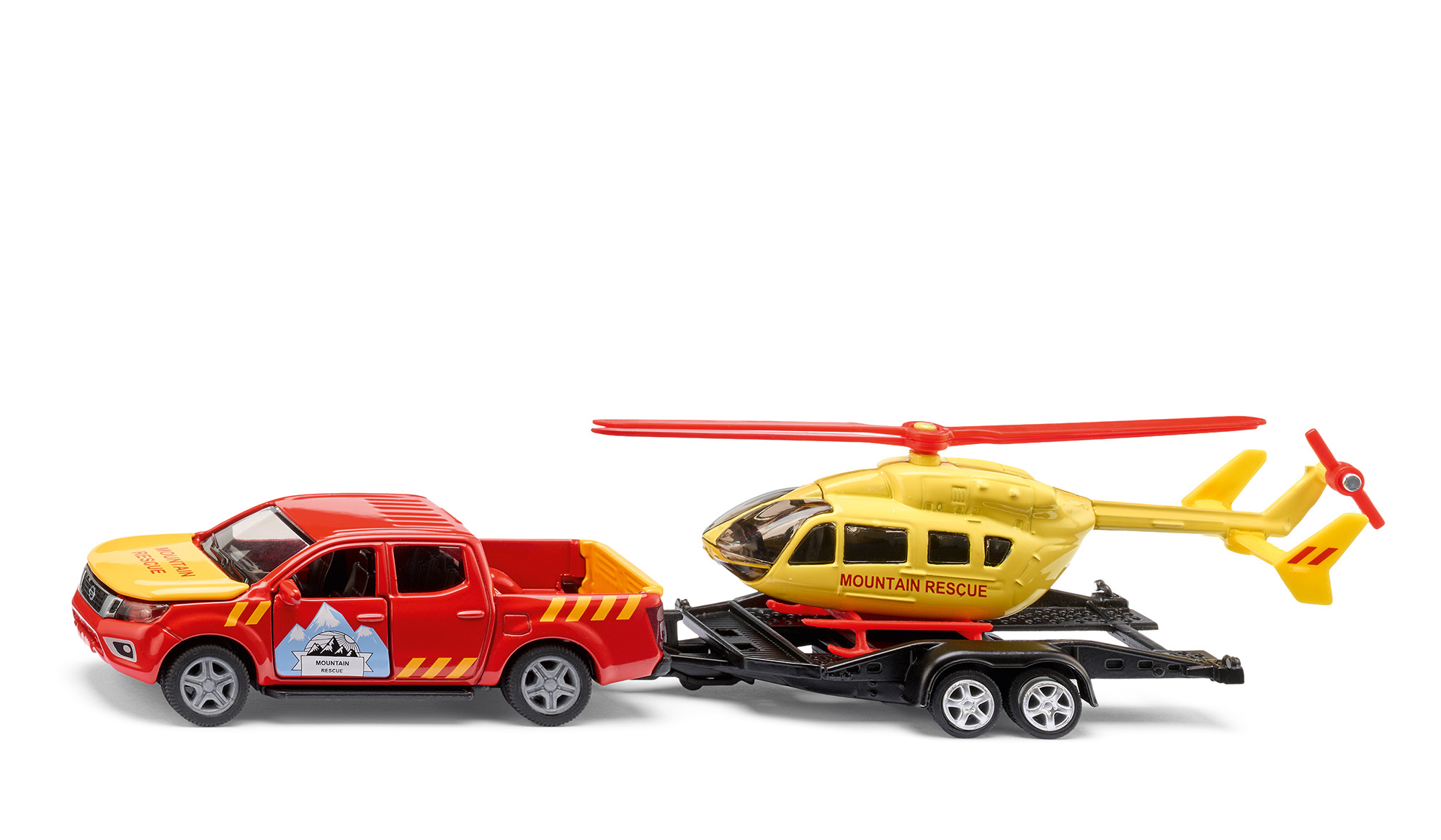 00000 NISSAN NAVARA Double Cab 4x4 (Modell 2014-2020) mit Autotransporter und Eurocopter EC 145 (Modell 2002-2014), rot/gelb, MOUNTAIN / RESCUE, SIKU SUPER 1:50, L17mpK
