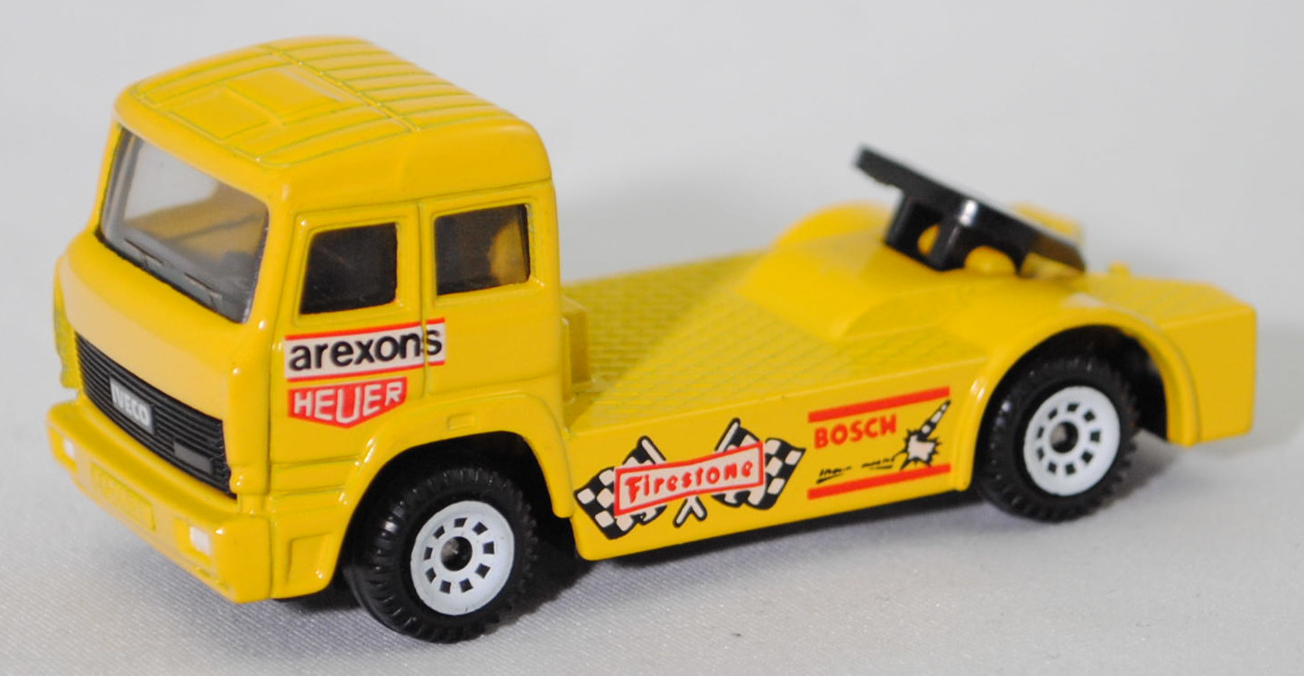 00001 Iveco TurboStar (Modell 1987-1990) Renntruck (Truck-Racing-Europameisterschaft 1989-1993, Klasse B), gelb, arexons / HEUER / Firestone / BOSCH, C1 reinweiß, SIKU, 1:86, m