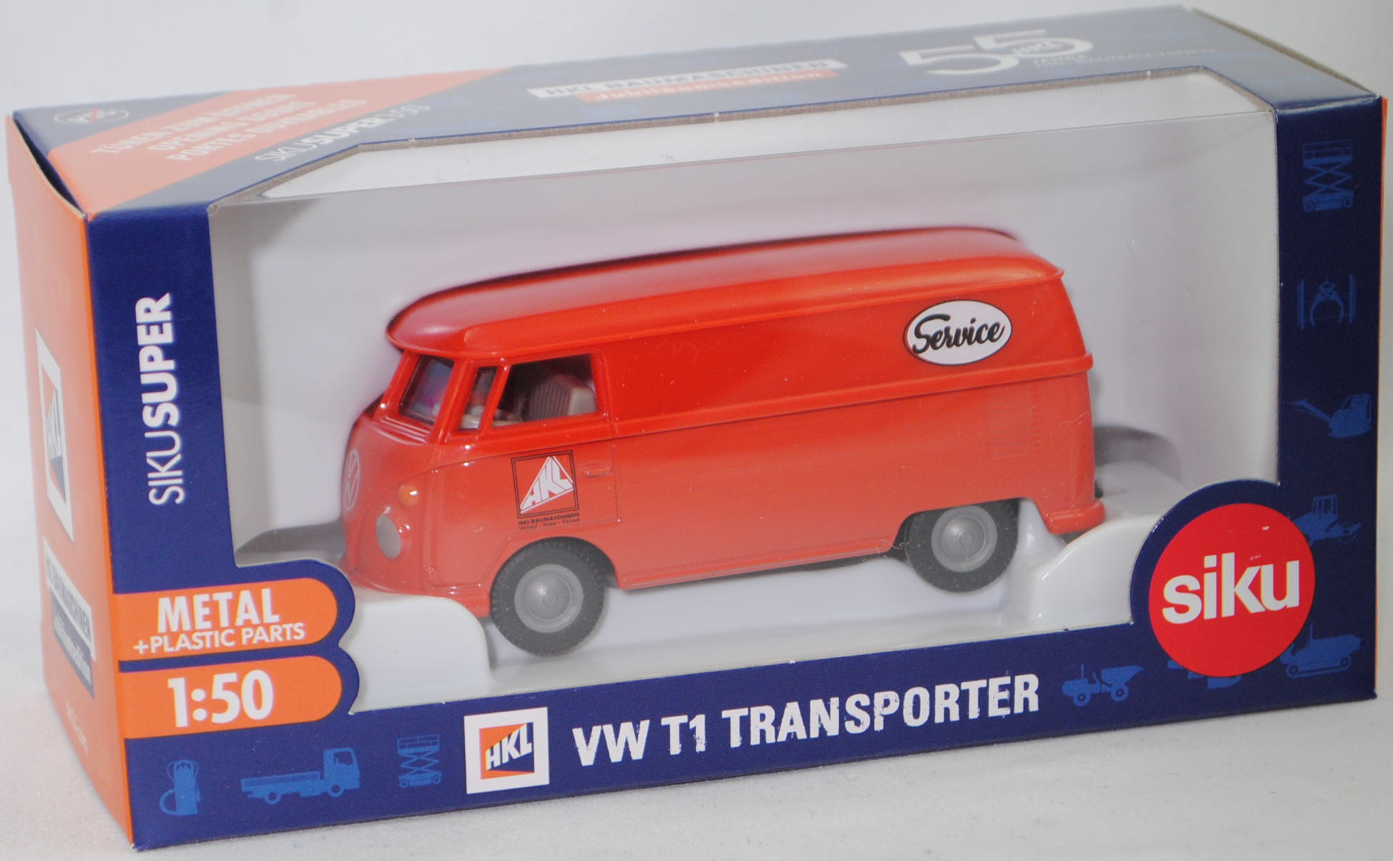 00401 VW Transporter Kastenwagen 1200 (Typ 2 T1 bzw. Typ 2 Transporter 1, Modell 1963-1964), orange, HKL BAUMASCHINEN / Verkauf - Miete - Service, SIKU SUPER 1:50, Werbebox