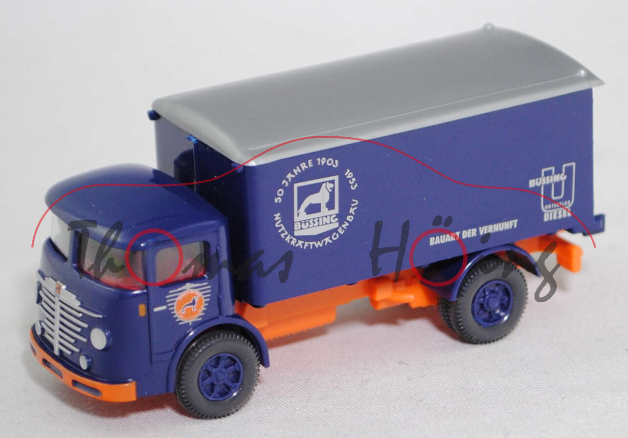 Büssing Typ 4000 (Modell 1953-1955) Koffer-LKW, kobaltblau, Heinrich Büssing - Technik und Geschichte e.V. / 50 JAHRE 1903 1953 NUTZKRAFTWAGENBAU, Wiking, 1:87, Werbebox