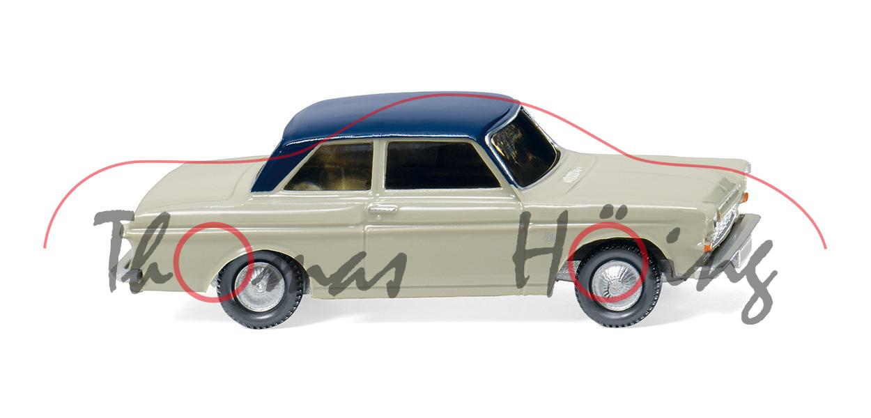 Ford Taunus 12M (Typ P4, Modell 1962-1966), kieselgrau, Dach kobaltblau, Wiking, 1:87, mb