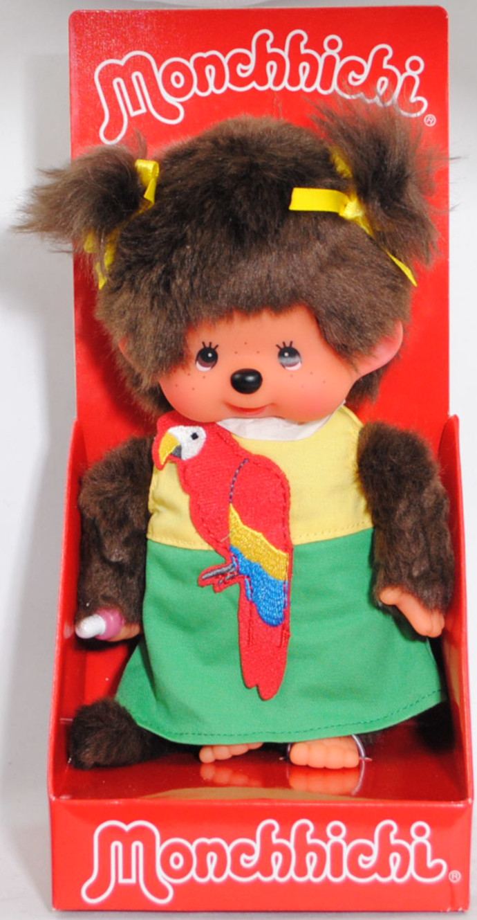 Monchhichi Parrot Dress Girl (Mädchen mit Papagei Kleid), 20 cm groß, Sekiguchi (EAN 4905610220496)