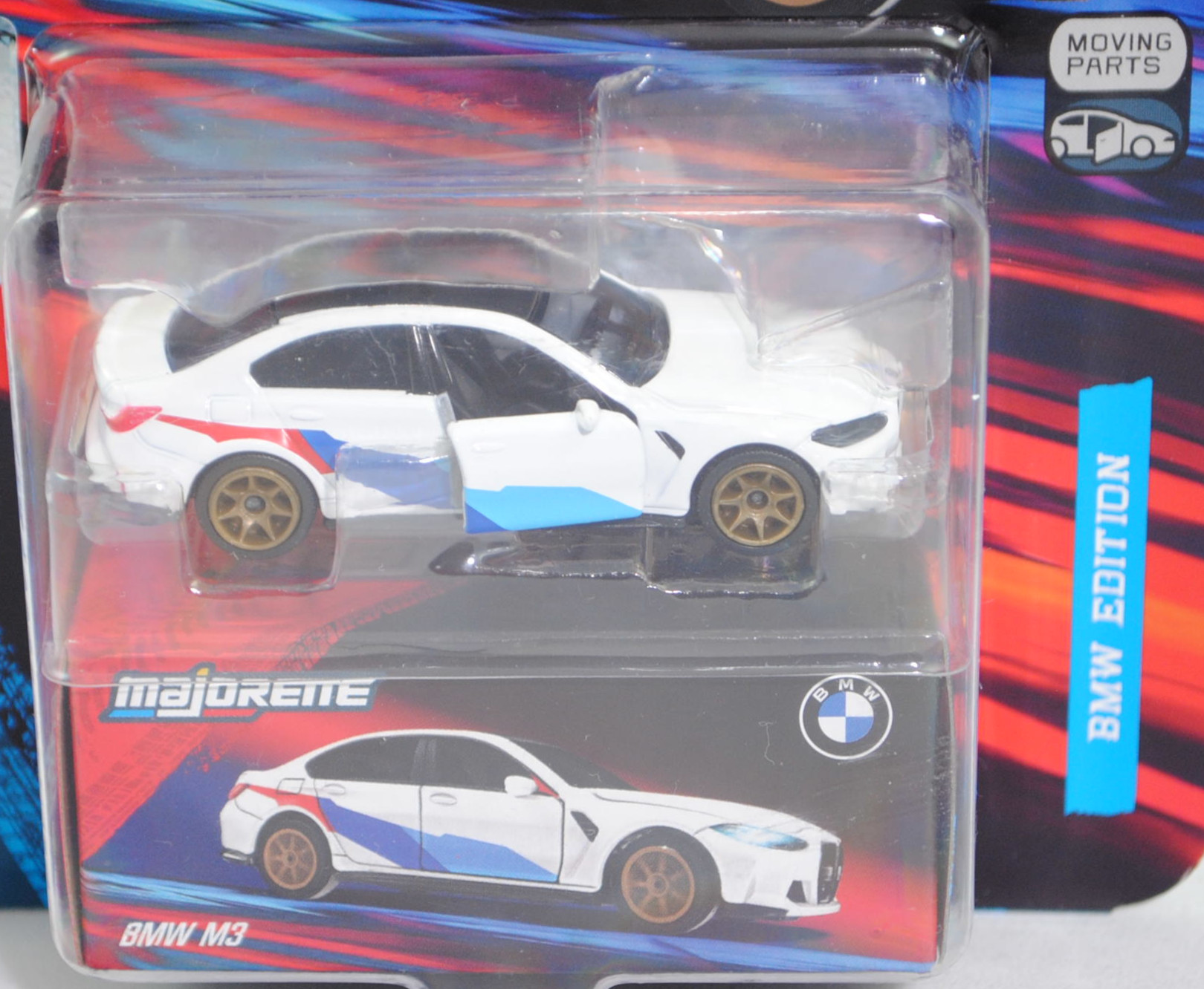 BMW M3 Limousine (G80, Modell 2021-) (Nr. 257G), Karosserie alpinweiß uni, Dach schwarz, Zierstreifen in BMW Motorsport-Farben, Felgen gold, majorette, 1:62, Blister (BMW EDITION)