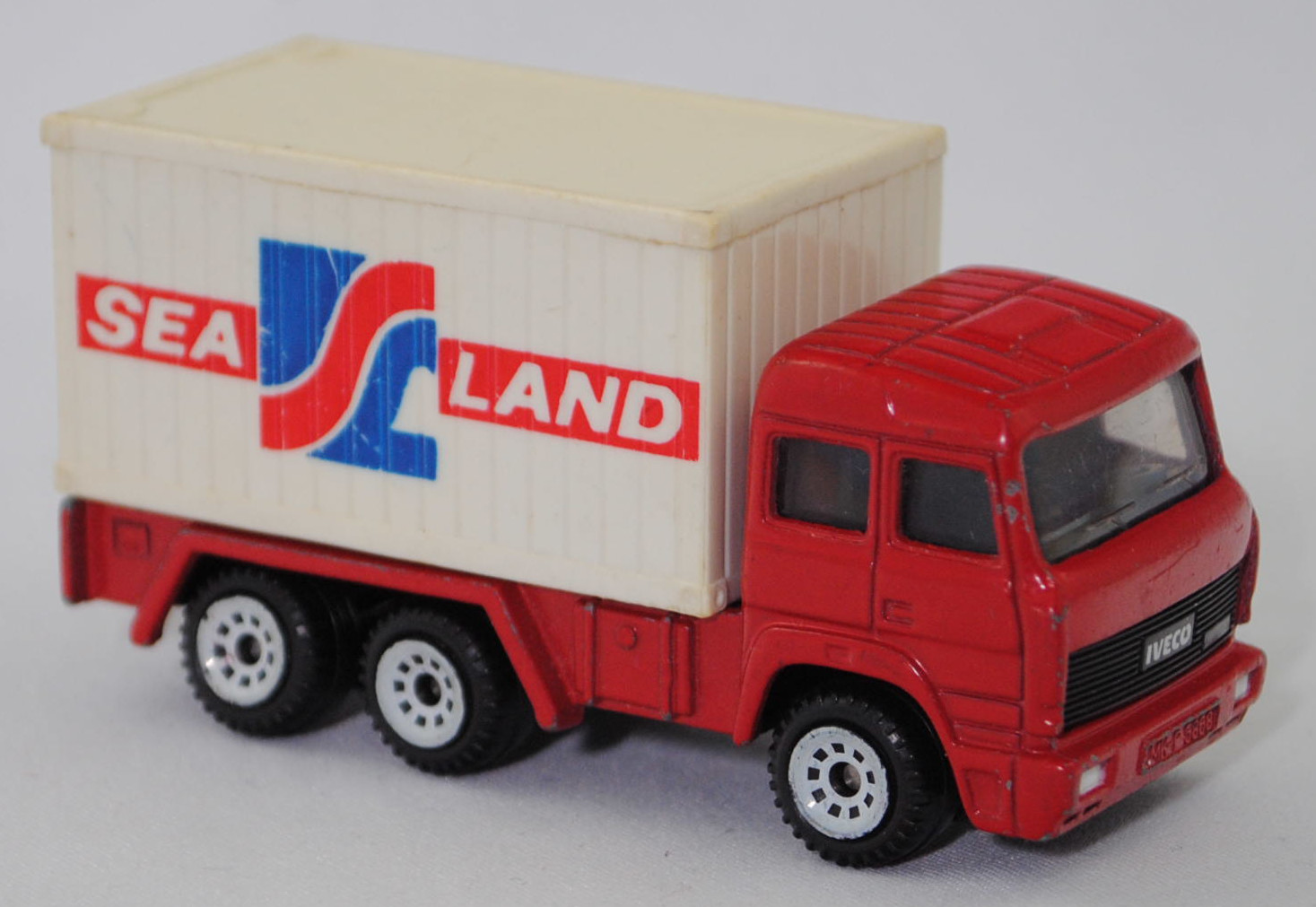 00001 Iveco TurboStar 240-36 6x2 (Modell 1987-1990) Container-Transporter, karminrot, Bpr. 0815 / 0816, C1 reinweiß, 1:86, Container reinweiß, SEA LAND, 1:121, SIKU SUPER, m-