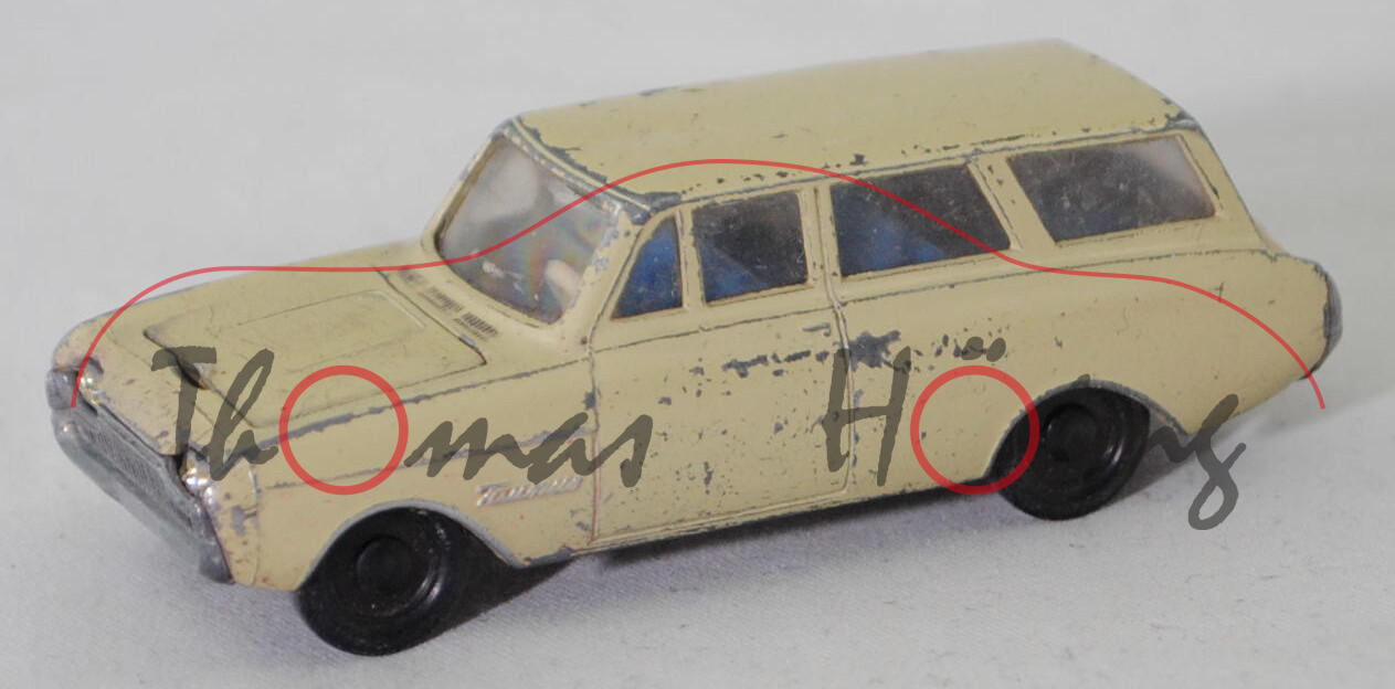 00006 Ford Taunus 17M Turnier (P3 bzw. Projekt NPX, Modell 1962-1963), grünbeige, innen signalblau, Lenkrad weiß, Schlossträger mit Griffmulde, R1, SIKU, 1:62, vsc