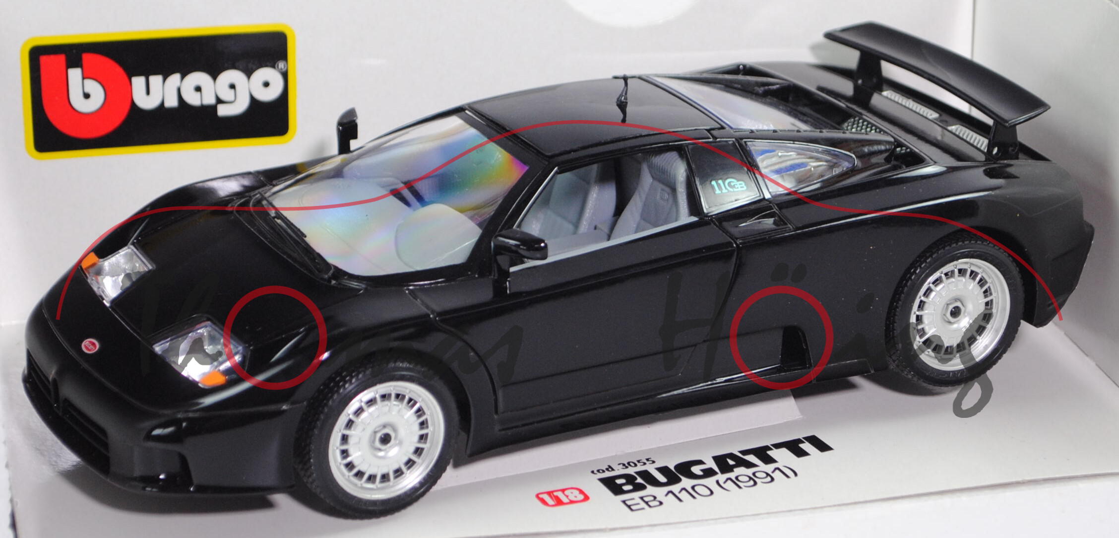 Bugatti EB 110 GT (Modell 1991-1995, Baujahr 1991), schwarz, Bburago, 1:18, mb (Box mit Lagerspuren)