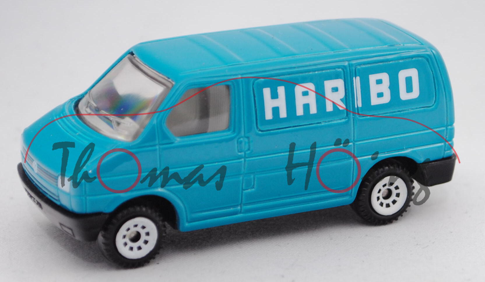 VW T4 Transporter Kastenwagen (Typ 70, Mod. 1990-1995), türkisblau, HARIBO, Werbebox mit Aufkleber