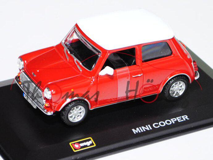 Mini Cooper (Typ MK II / III, Modell 1969-1976), verkehrsrot, Dach reinweiß, innen schwarz, Türen zu