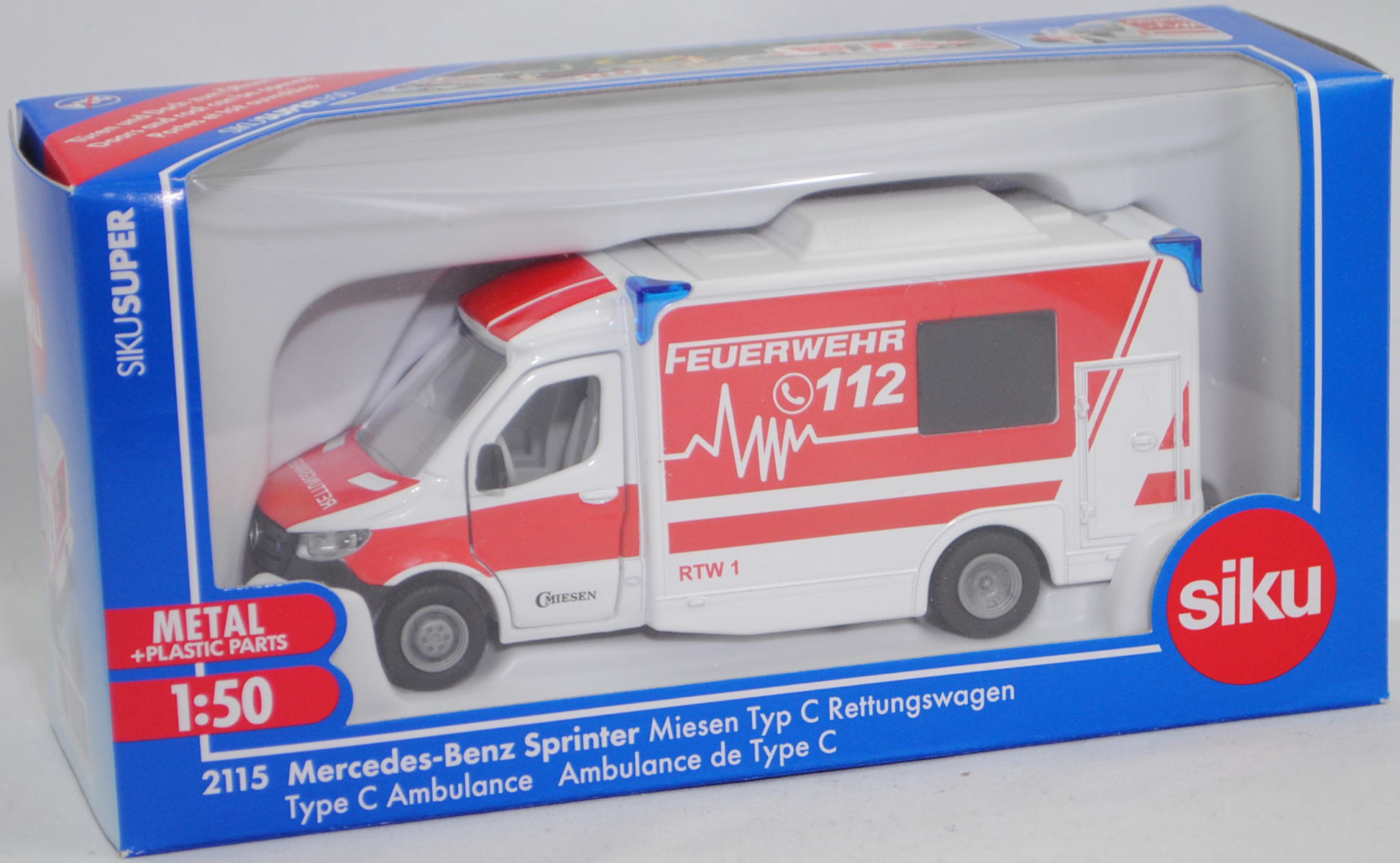 00002 MIESEN Rettungswagen auf Mercedes-Benz Sprinter III 519 CDI Fahrgestell, weiß, FEUERWEHR / C 112, mit Hecktürhalterungen als Türanschlag, SIKU SUPER 1:50, L17mpK