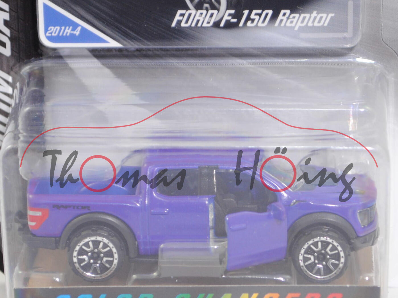 Ford F-150 RAPTOR SuperCrew (Modell 2021-), hell-purpurviolett (10°C) / hell-violettblau (22°C), Nr. 201H-4, majorette, 1:74, Blister