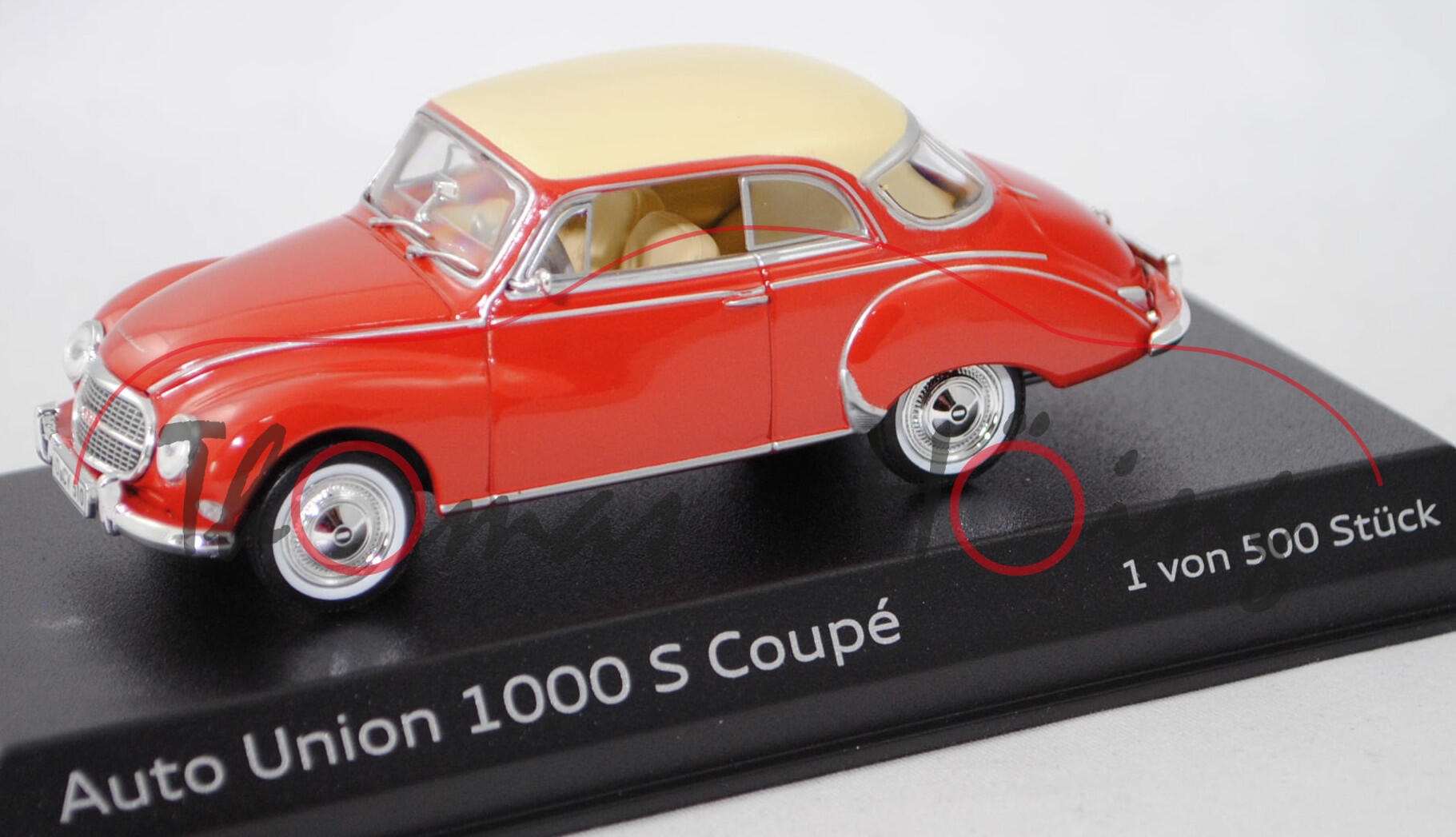 Auto Union 1000 S Coupé de Luxe (Modell 1957-1959), karneolrot / elfenbein, Norev, 1:43, Werbebox