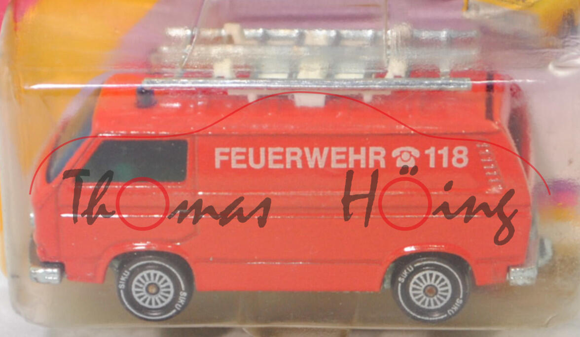 03902 CH VW Transporter Kastenwagen 2,0 Liter (T3, Modell 1979-1982) Feuerwehr-Gerätewagen, verkehrsrot, FEUERWEHR 118, SIKU, 1:60, P23E