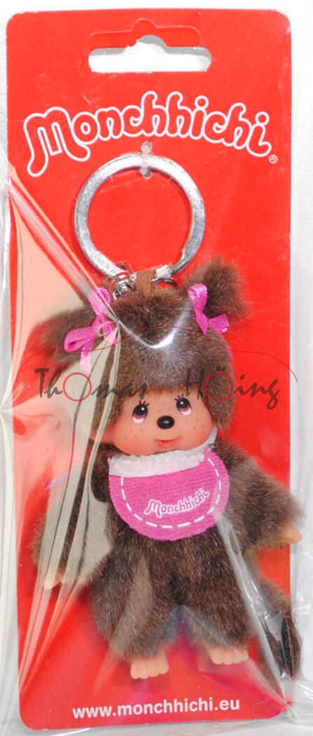 Monchhichi Key Chain Classic Girl Pink Bib (Mädchen mit pinkem Latz), m. 2 Zöpfen, Schlüsselanhänger