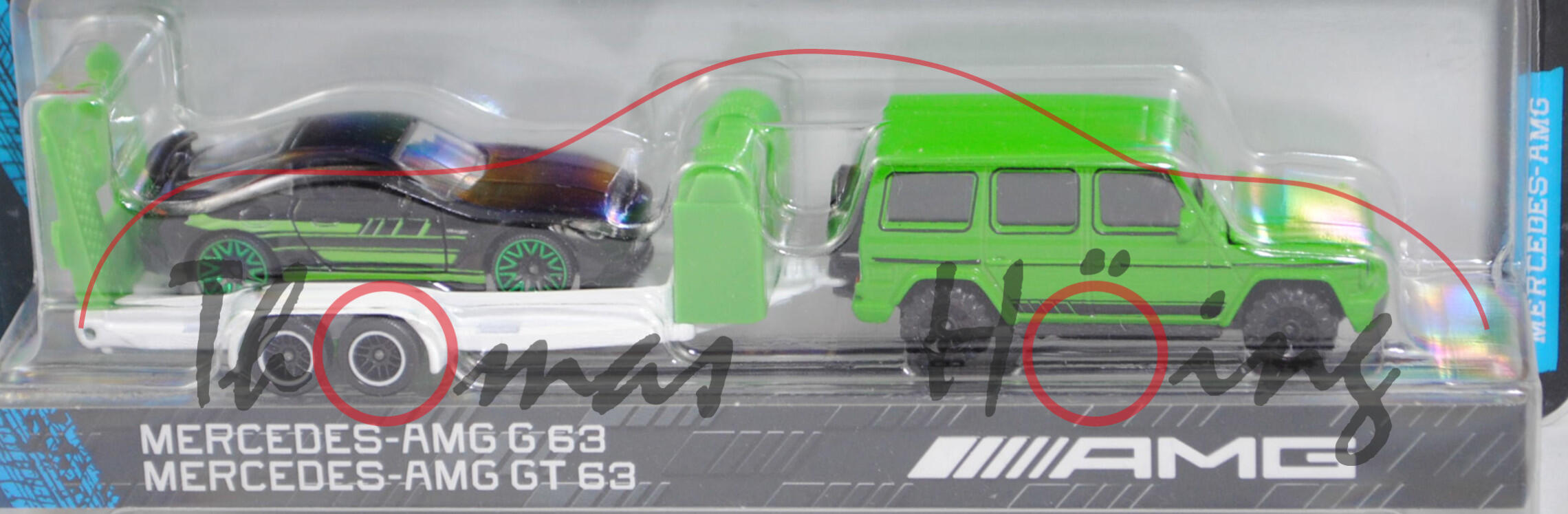 Mercedes-AMG G 63 (Modell 2015-2017) mit Autotransporter und Mercedes-AMG GT 63 4Matic+ (Modell 2023-), gelbgrün + reinweiß/gelbgrün + schwarz, majorette, Blister