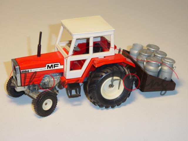 Massey Ferguson MF 284 S Traktor mit Kannenhalter, verkehrsrot, kleine Vorderräder, Deckel einer Mil