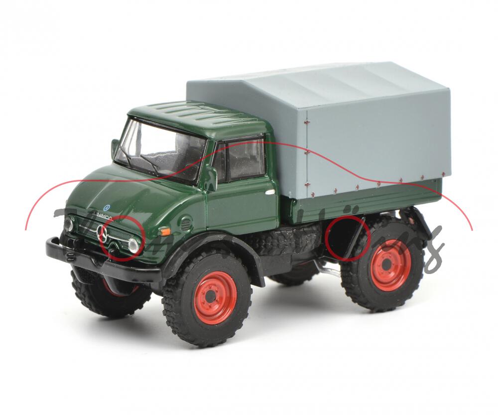 MB Unimog U 84 (Ganzstahl-Fahrerhaus, Mod. 71-88) mit Plane, moosgrün/schwarz, Schuco, 1:64, mb