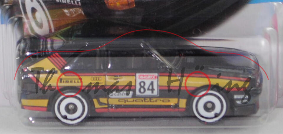 Audi sport quattro (Typ 85Q, Modell 1984-1986), schwarz, Startnummer 84, Hot Wheels, 1:61, Blister