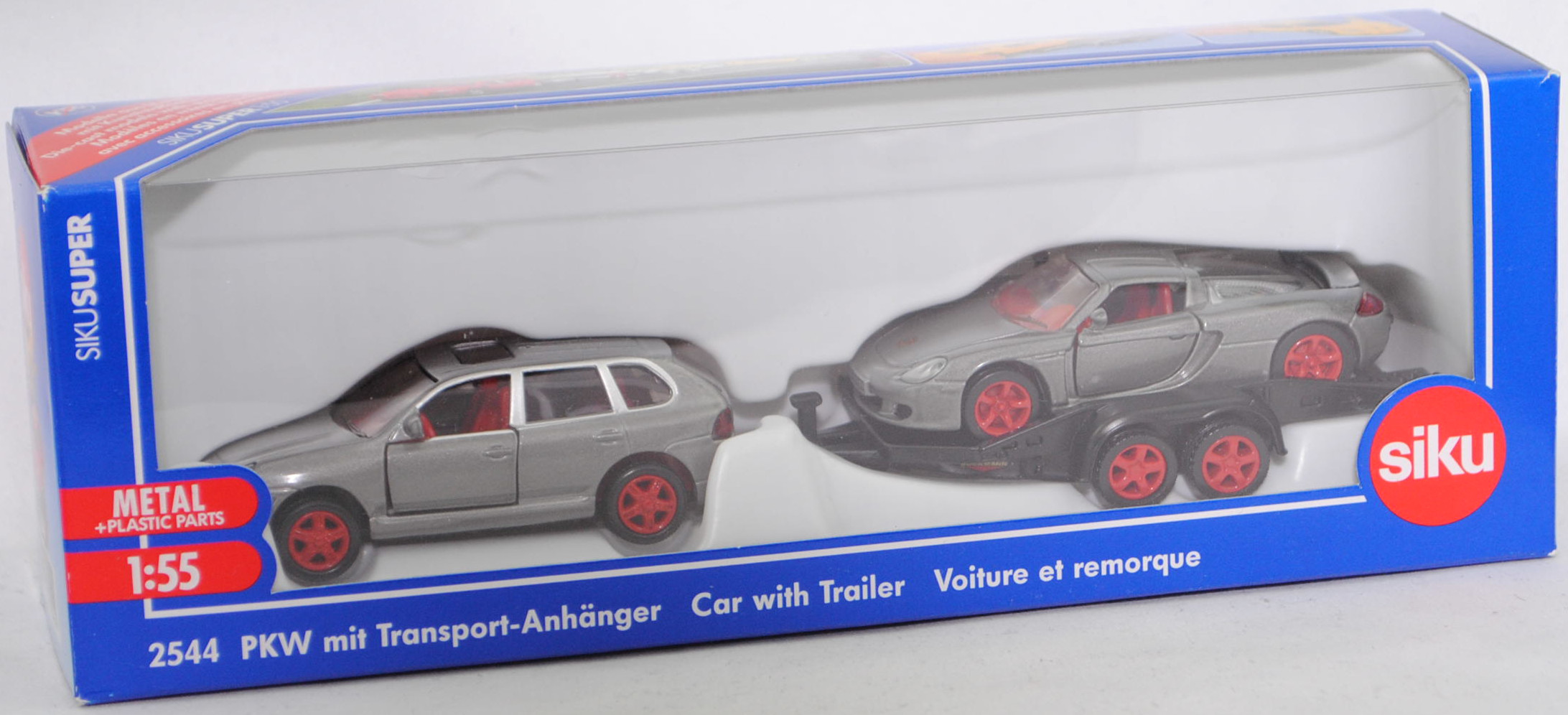 00004 Porsche Cayenne Turbo mit BÖCKMANN Autotransporter und Porsche Carrera GT, graualu, B19 rot + mattschwarz, B21 rot + graualu, B22a / B22b rot, SIKU, 1:55, L17mpK