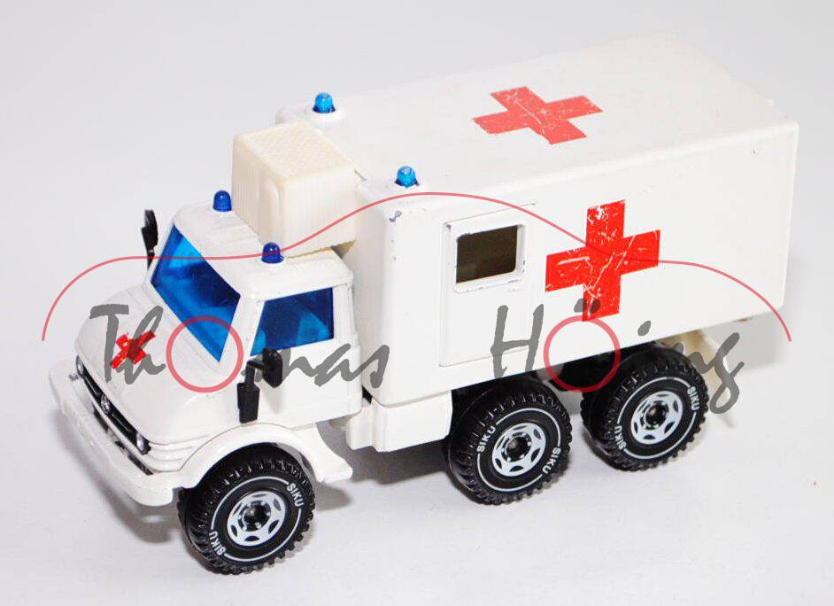 00004 Unimog 406 Santiätswagen, cremeweiß, 4 Blaulichter, Verglasung blau, LKW10, minimale Farbabpla