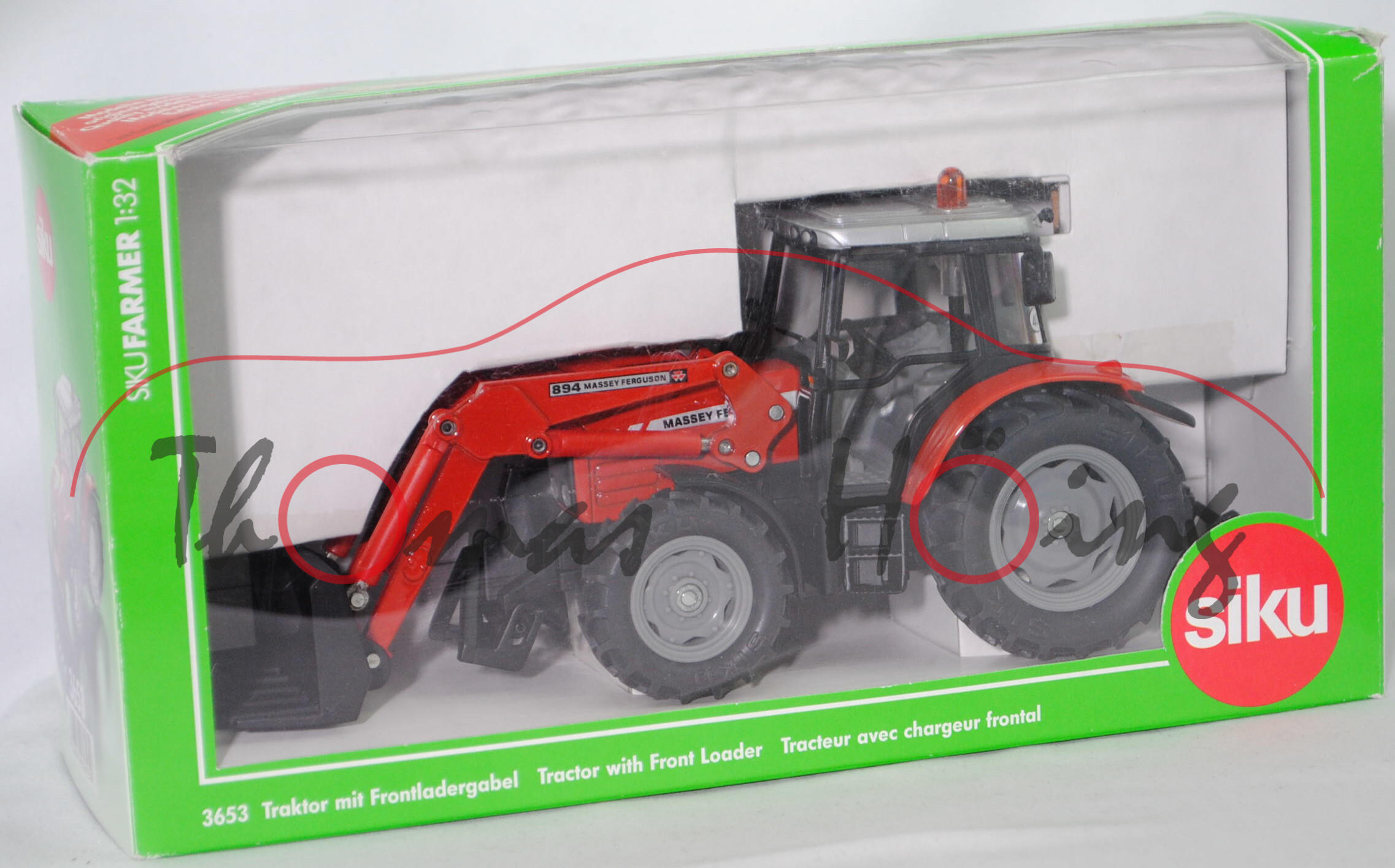 00000 Massey Ferguson 5455 (Mod. 03-08) mit Massey Ferguson Frontladergabel 894, rot, Frontladergabel fest mit Frontlader verbunden, SIKU FARMER 1:32, L17P m-