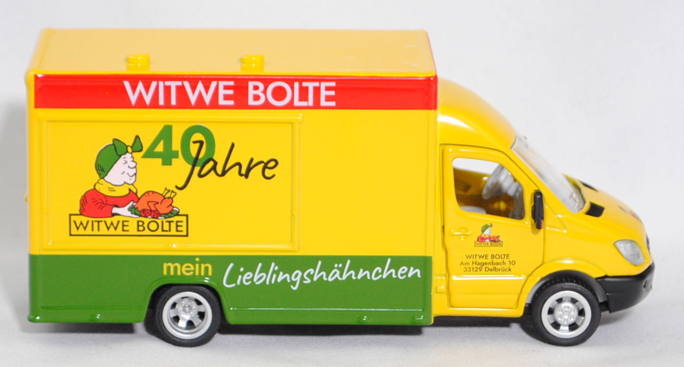 00403 Mercedes-Benz Sprinter II (2. Generation, W 906, Vor-MoPf, Modell 2006-2009) 515 CDI Verkaufswagen, verkehrsgelb, WITWE BOLTE / 40 Jahre, SIKU SUPER 1:50, Werbebox
