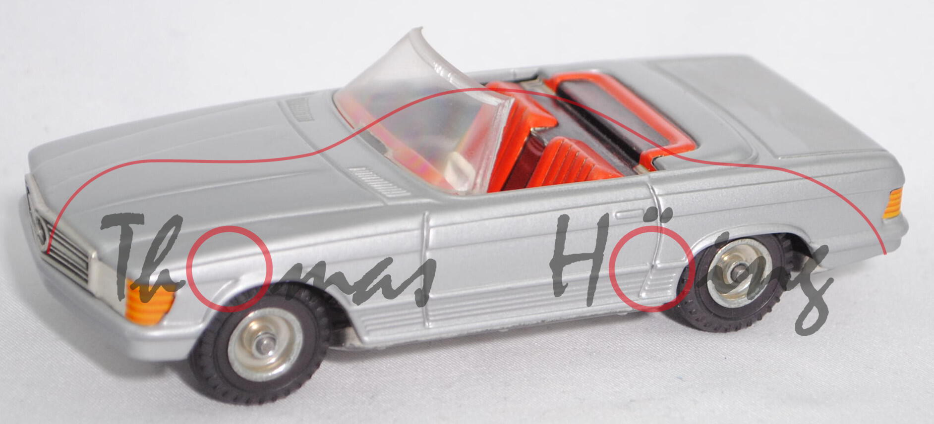 Mercedes-Benz 350 SL mit geöffnetem Verdeck (R 107, Mod. 71-76), silbermetallic, Kellermann, 1:36