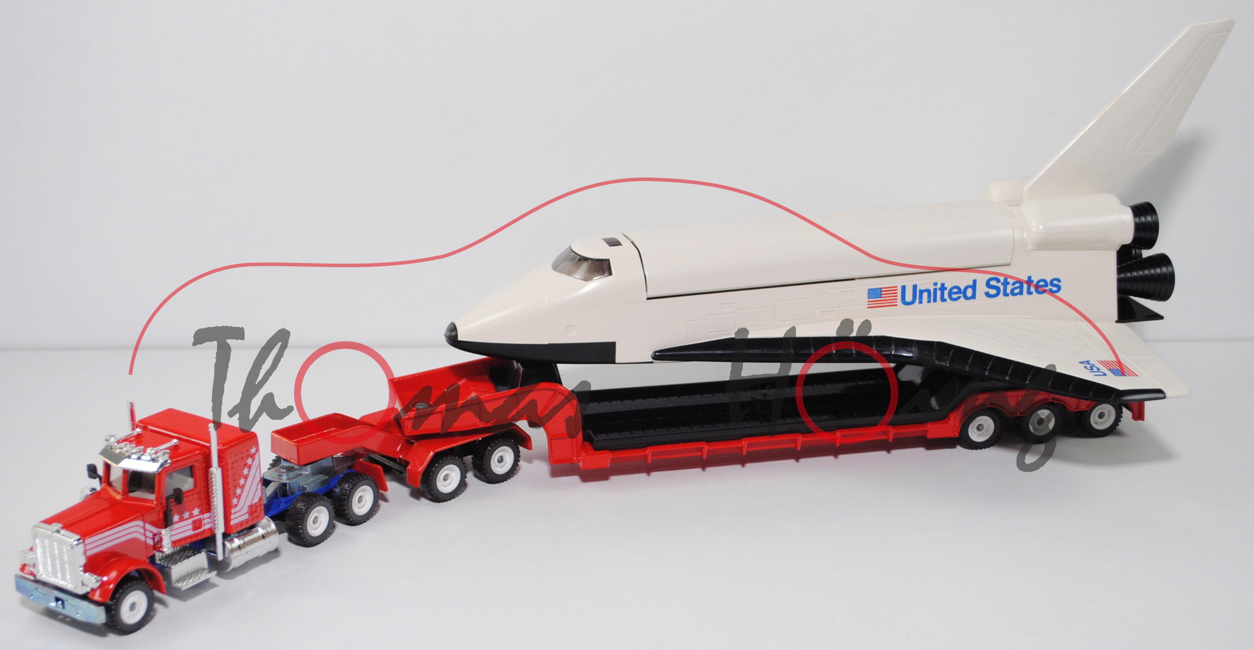 00003 Peterbilt 359-127 Conventional mit Tieflader und Space Shuttle, rot/blau, LKW12, L14n