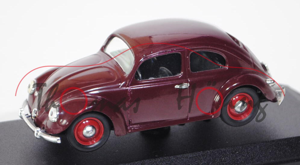 VW Käfer Standardlimousine (Typ 11) (Brezelkäfer), Modell 1949, weinrot, VITESSE, 1:43, PC-Box