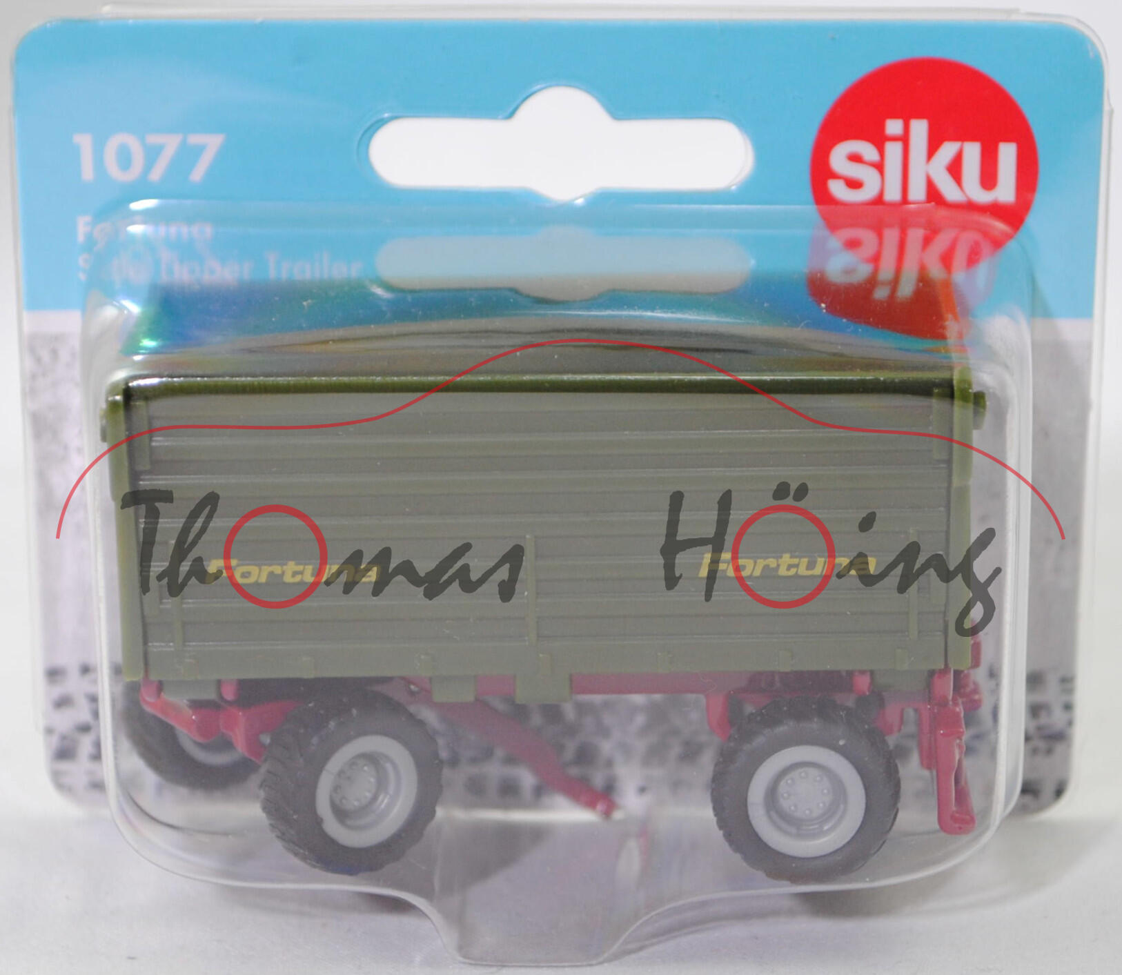 00001 Fortuna Zweiachs-Dreiseitenkipper K 180 / 5.2 (Modell 1983-) (2-Achs-Anhänger), Bordwände und Brücke olivgrün, Fortuna Fortuna, Bpr. mit Adresse, SIKU SUPER, 1:74, P29f