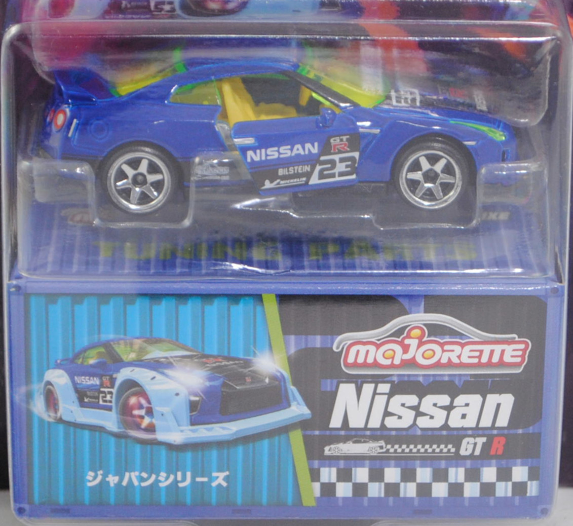 Nissan GT-R (R35 Mk4, Modell 2016-2019), ultramarinblau, Beilage: Tuning-Teile, majorette, 1:61, mb