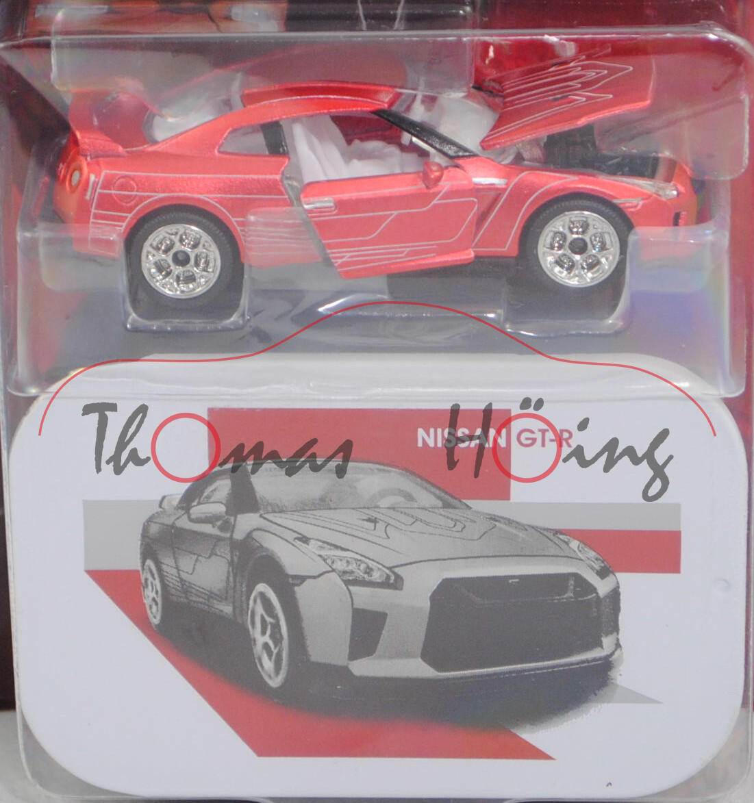 Nissan GT-R (Typ R35 Mk4, Modell 2016-2019), hell-rubinrotmetallic matt, majorette, 1:62, Blister