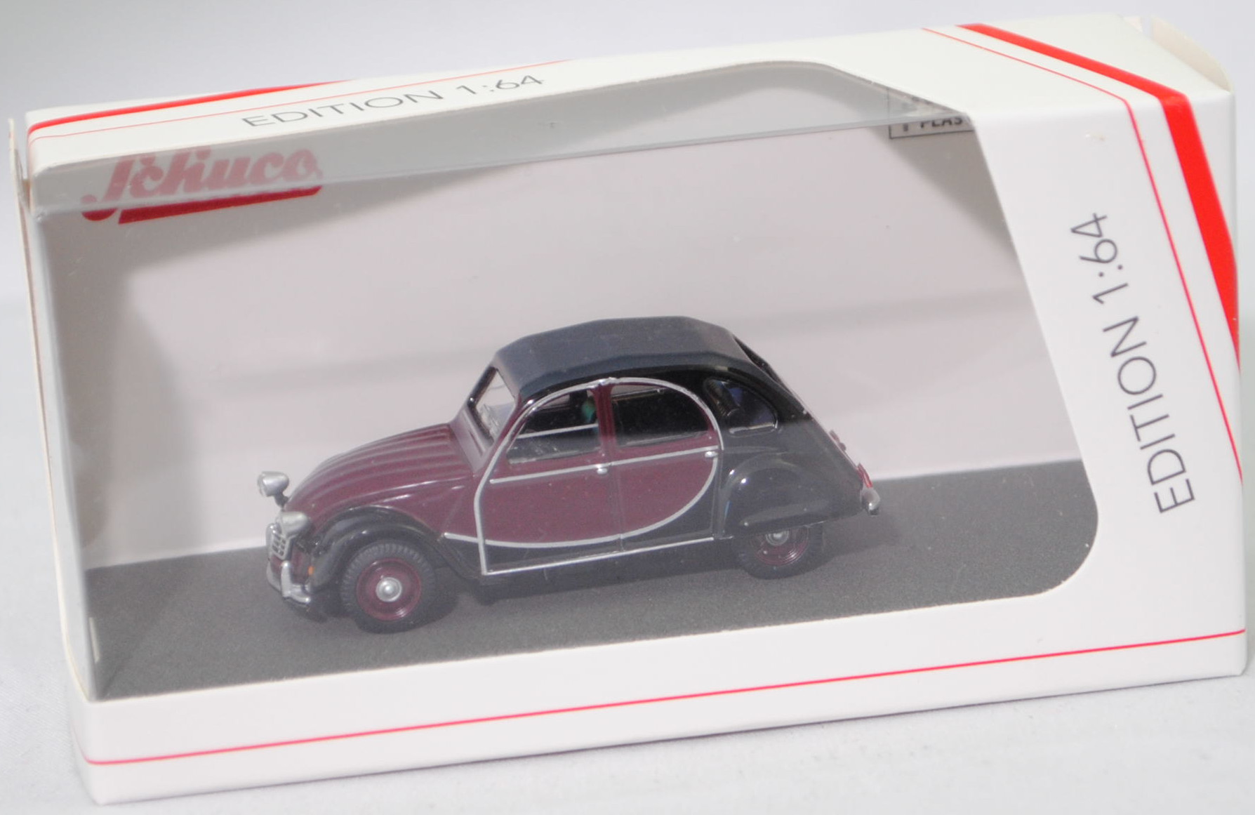 Citroen 2CV6 Charleston (1. Generation, interne Baureihenbezeichnung AZKA, Modell 1982-1990), weinrot/schwarz, Schuco by Minimax, EDITION 1:64, mb (Limited Edition)