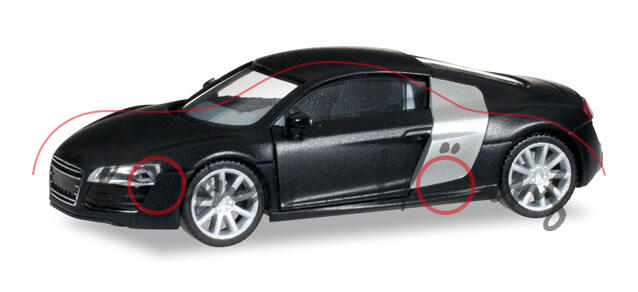 Audi R8 V10 5.2 FSI facelift (Typ 42, facelift), Modell 2012-, mattschwarz, Felgen chrom, Herpa, 1:8