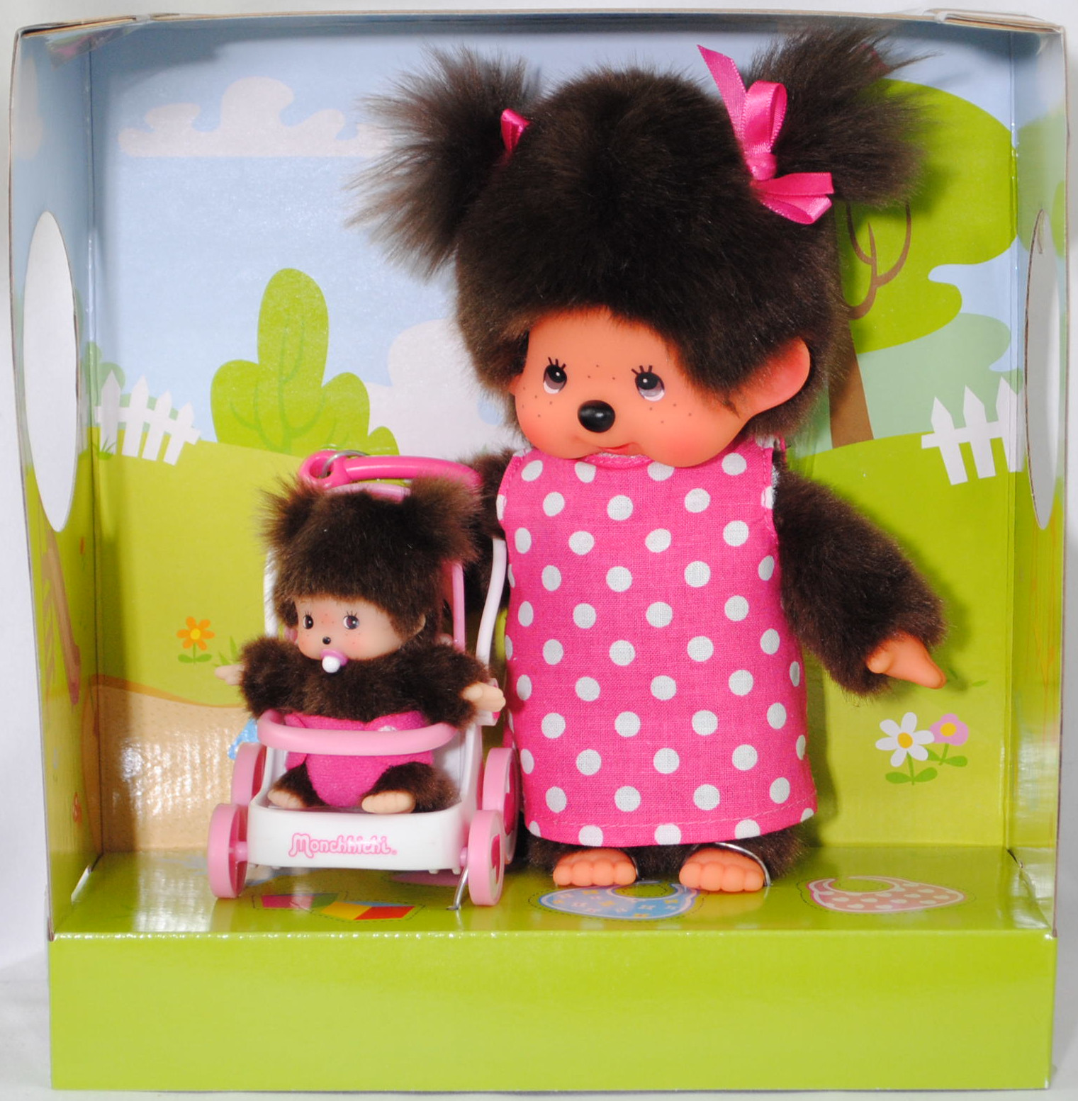 S-size Monchhichi Stroller Set (Kinderwagenset mit Mutter und Baby im Kinderwagen), 20 cm groß, Sekiguchi (EAN 4905610254934)