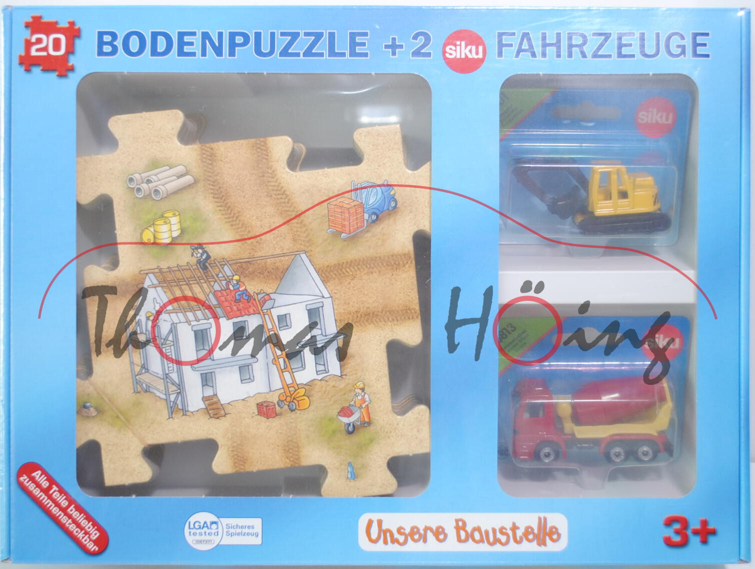 00001 20 teiliges Bodenpuzzle (78 x 63 cm) Baustelle incl. 2 Siku Modelle (0801 Bagger, gelb/schwarz