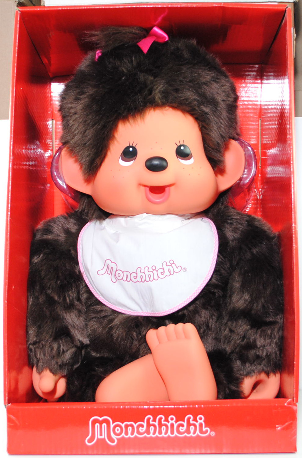 Monchhichi 2L-size Standard Girl Pink (Monchhichi Mädchen mit weiß/pinkem Latz), 80 cm groß, Sekiguchi (Schachtel mit Lagerspuren) (EAN 4905610255634)