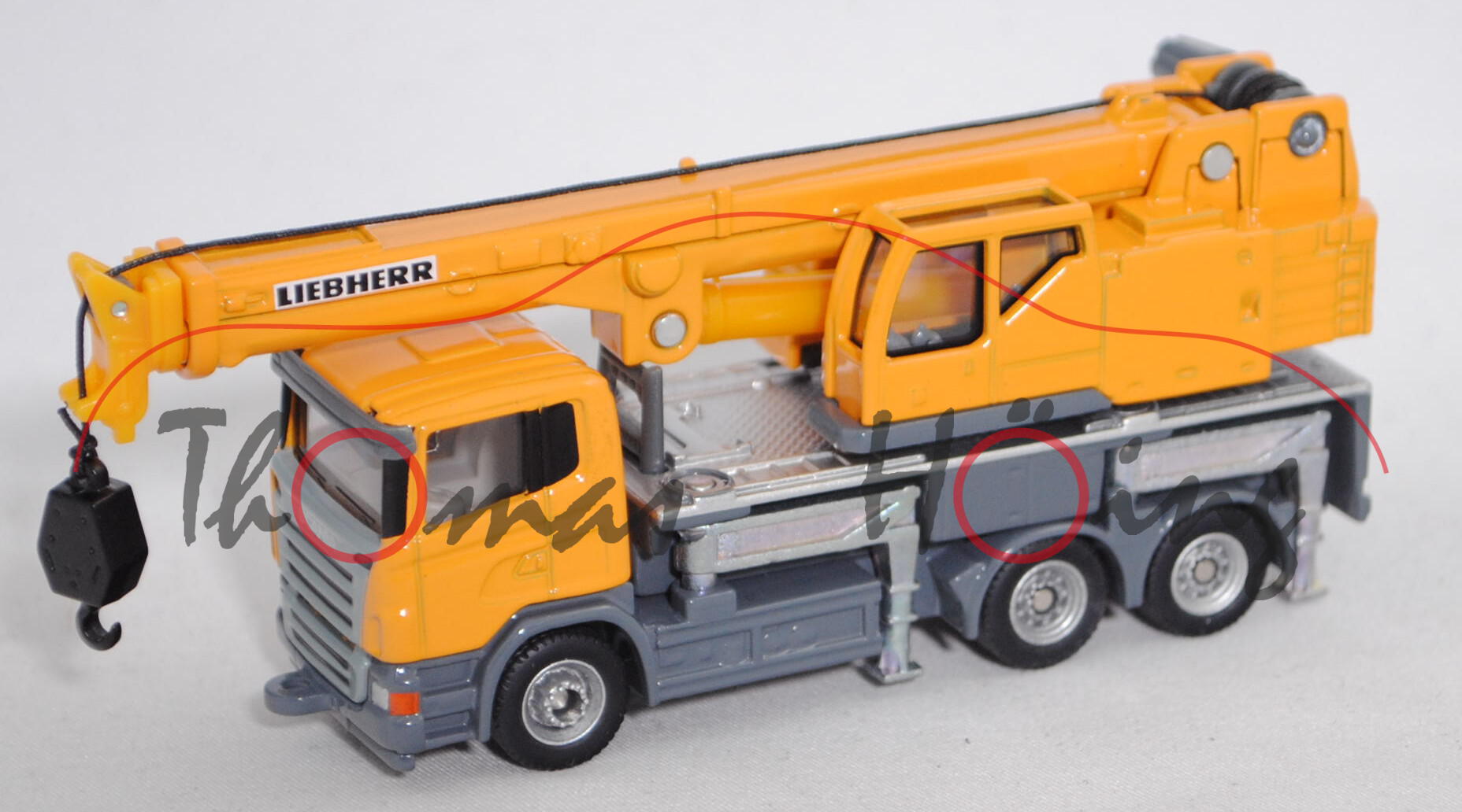 00001 LIEBHERR LTF 1035-3.1 Teleskop-Aufbaukran auf Fahrgestell Scania R380, gelb/grau, 1:87, L17mpK