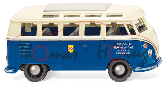 VW Transporter Samba (Mod. 63-67), elfenbein/blau, KRAFTVERKEHR/Mark-Sauerland, Wiking, 1:87, mb