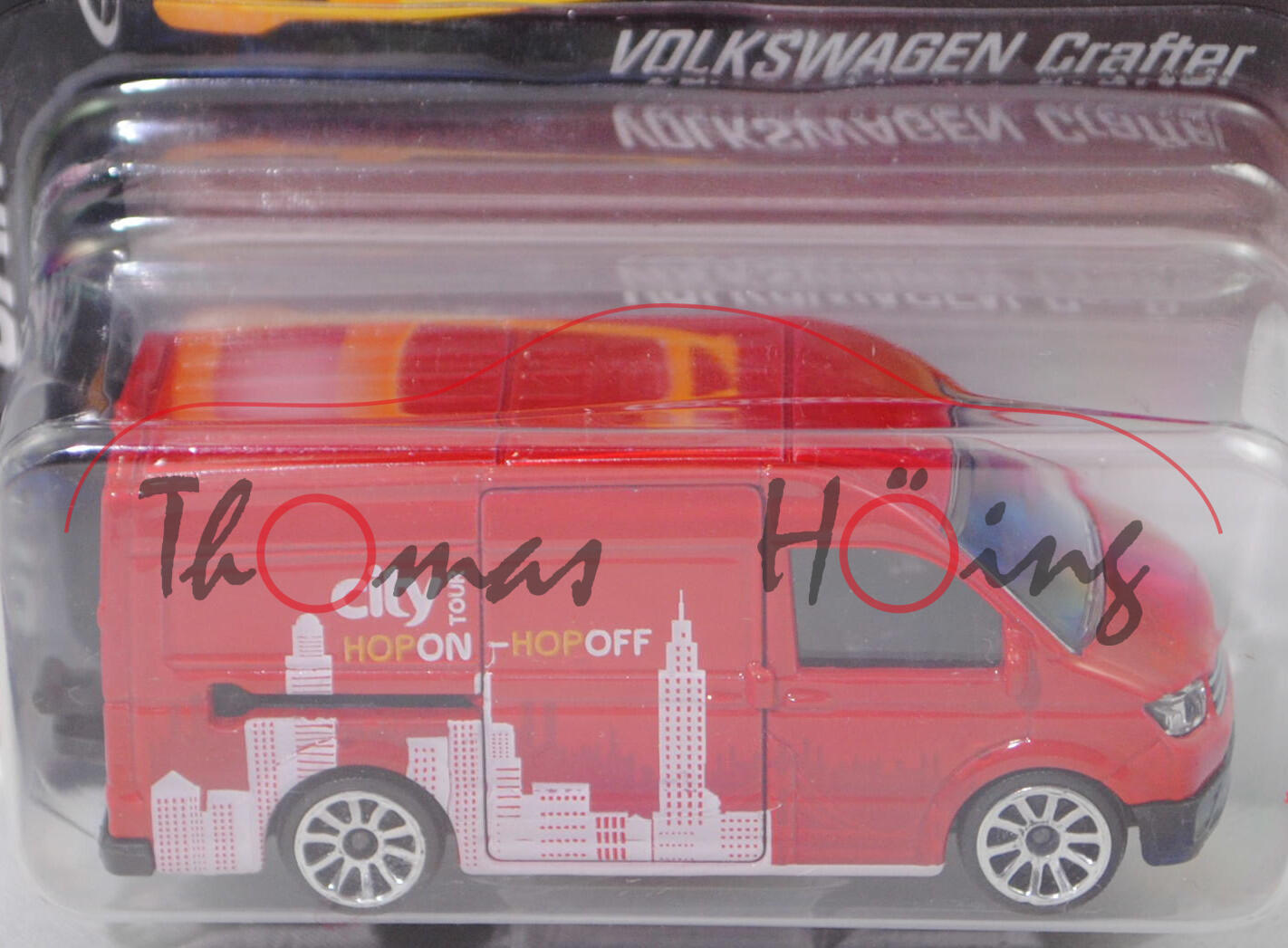 VW Crafter Kastenwagen mit Normaldach (Mod. 17-), rot, city TOUR, majorette, Blister (Audi R8 Taxi)