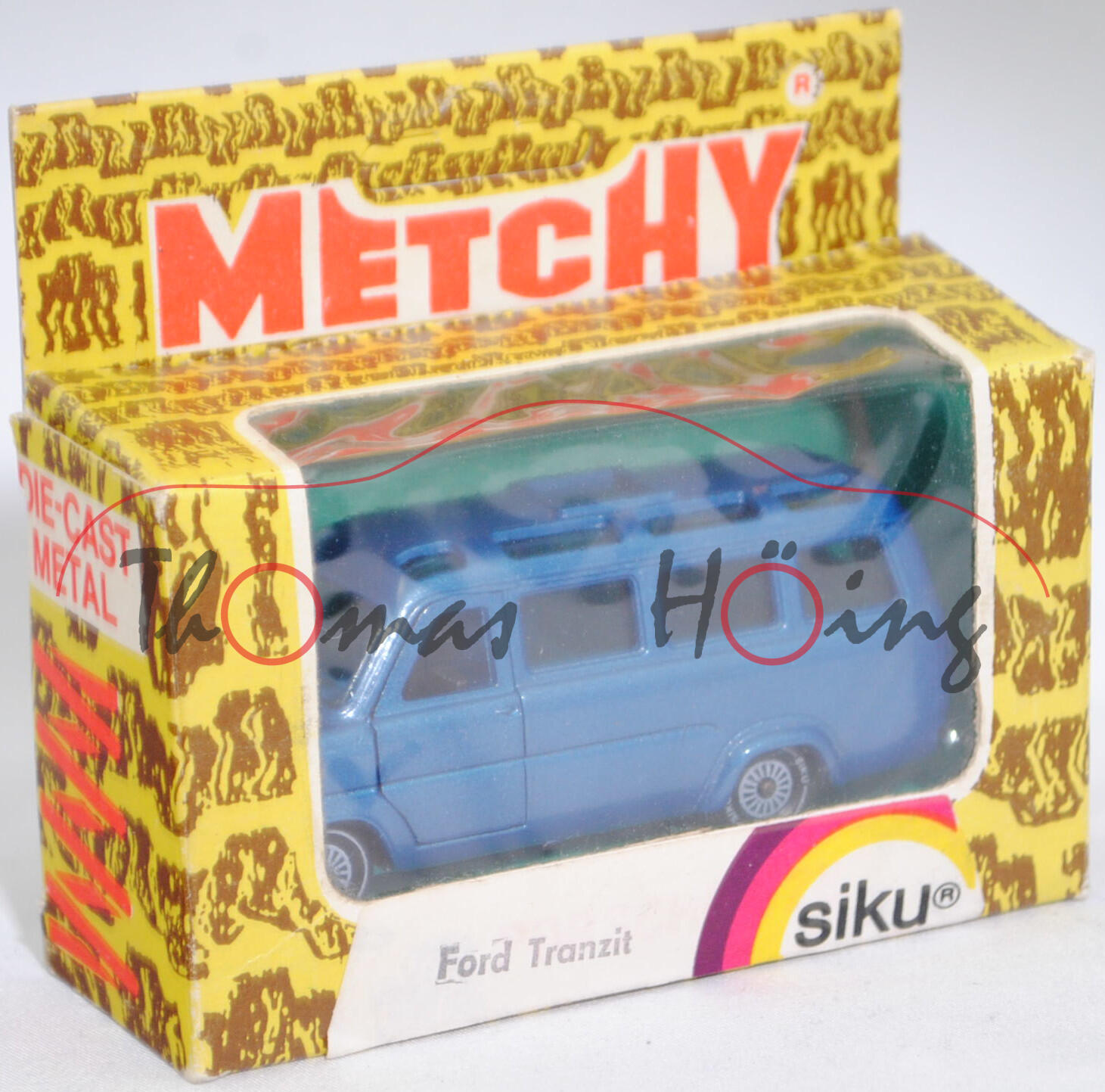 06403 HU Ford Transit Panorama-Bus FT 130 (Transit '71, Modell 1971-1975) Schulbus, grünblaumetallic, Chassis chrom, SIKU Ungarn / Metchy, 1:60, Schachtel Ungarn 2 (HUNGARY SPECIAL)