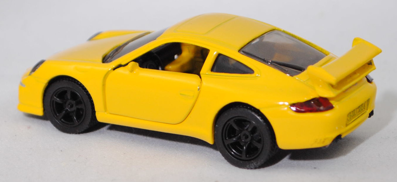 00001 Porsche 911 Carrera S (Typ 997.1 Coupé / 997 MK1 Coupé, Vorfacelift, Modell 2004-2008), kadmiumgelb, B22a / B22b offen schwarz, SIKU SUPER, 1:55, m
