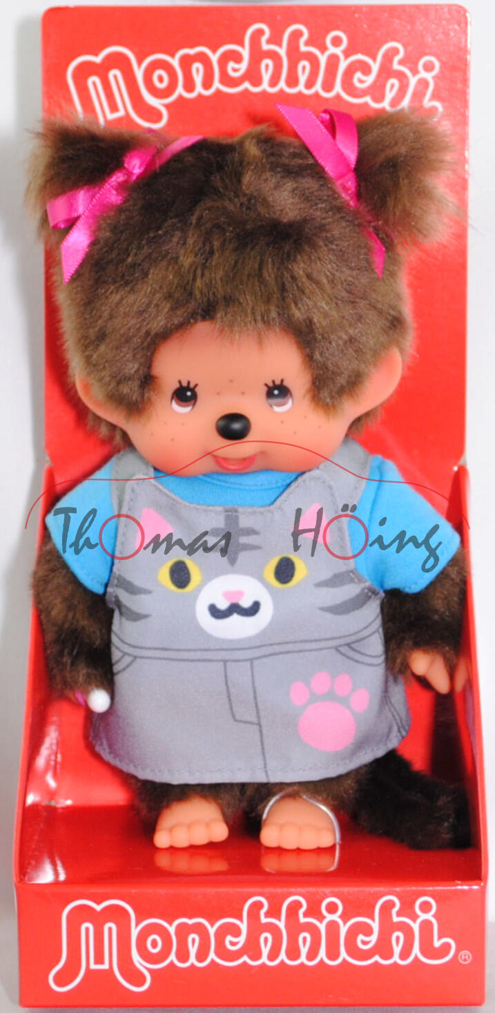 Monchhichi Girl Animal Dress Kitten (Mädchen im Kleid mit Kätzchen-Design), 20 cm groß, Sekiguchi (EAN 4905610203895)